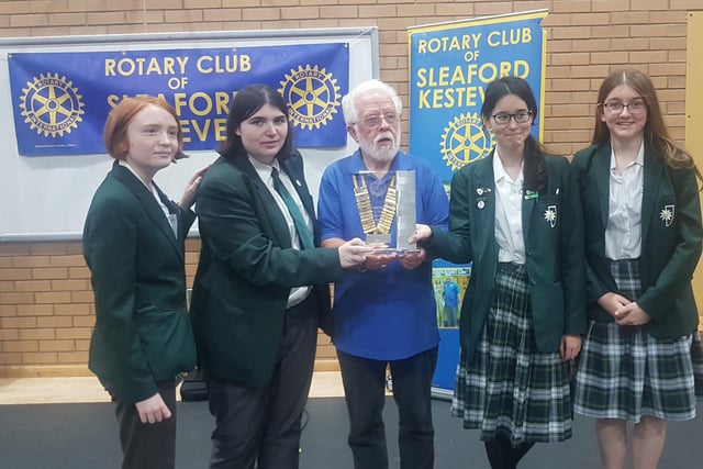 Year 11 team winners from Kesteven and Sleaford High School with Rotary Club president Keith Austen. Photo: submitted