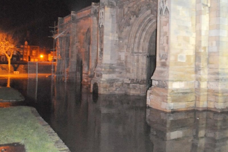 The iconic Stump church, situated next to the river, was badly flooded on the night.