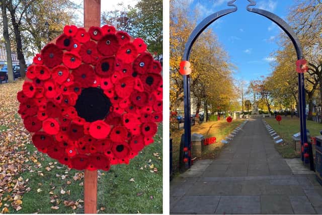 Large poppy stands made up of smaller poppies are now up at Boston's Memorial Gardens.