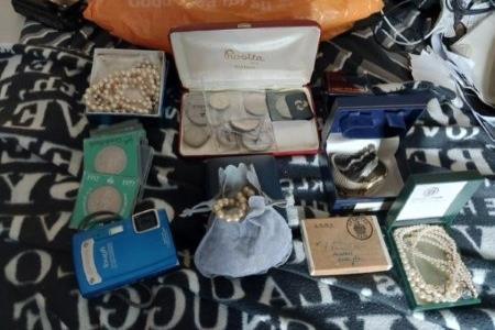 Pictured are the camera, jewellery, commemorative coins, watch and medal found in the search of a property in Louth.