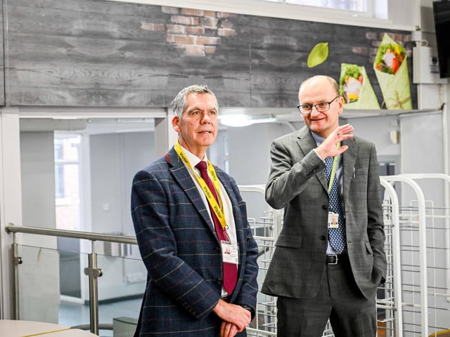 Lincolnshire Gateway Academies Trust’s Chief Executive Officer Martin Brown (right) shows the transformation to Assistant Director of Education at North Lincolnshire Council Paul Tinsley.