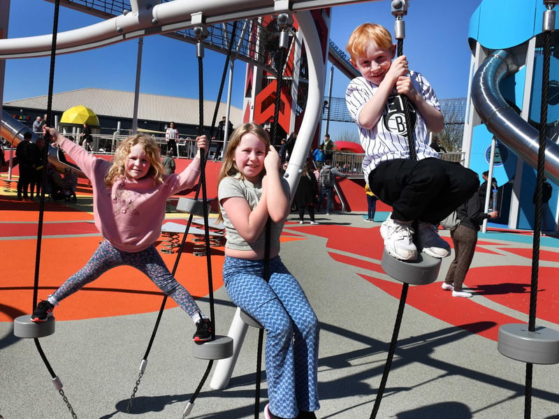 Willow, Myla, and Albie from Lowestoft playing at the new SKYPARK at Butlin's in Skegness.