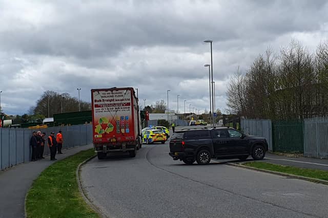 Traffic being turned away on Pride Parkway in Sleaford after it was closed off when empty mortar shells were found at the Household Waster Recycling Centre. Photo: AH