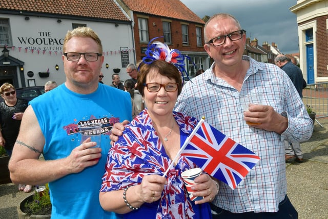 Coun Wendy Bowkett looking splendid in red, white and blue with  Stuart Bogg (left) and Terry Burbidge