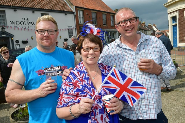 Coun Wendy Bowkett looking splendid in red, white and blue with Stuart Bogg (left) and Terry Burbidge