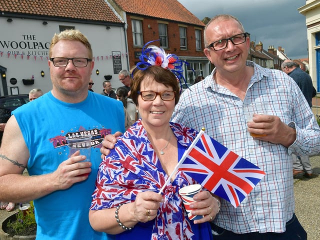 Coun Wendy Bowkett looking splendid in red, white and blue with Stuart Bogg (left) and Terry Burbidge