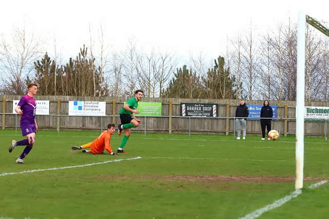 Joe Smith slots home Sleaford's opener on Saturday. Photo: Steve W Davies Photography.