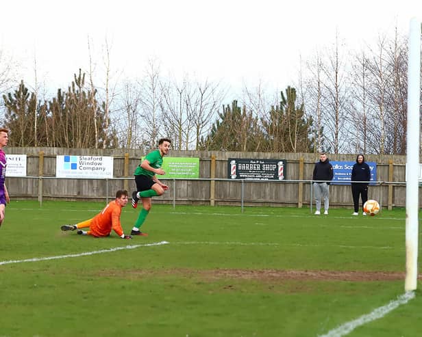 Joe Smith slots home Sleaford's opener on Saturday. Photo: Steve W Davies Photography.