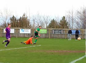 Joe Smith slots home Sleaford's opener on Saturday. Photo: Steve W Davies Photography.