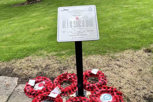 The memorial plaque to Flying Officer Archie Randall DFC and his crew, which was unveiled in Market Stainton a year ago.