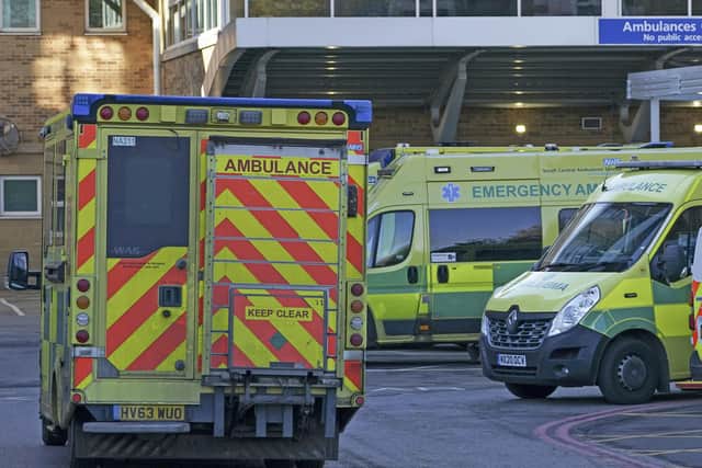 Ambulances parked at the accident and emergency department at the Royal Berkshire Hospital in reading, Berkshire. All ambulance trusts in England are currently on a high level of alert and are under significant strain. Picture date: Thursday November 11, 2021.