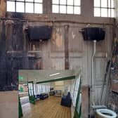 How the old, fire damaged waiting room toilets looked and now the room renovated (Inset).