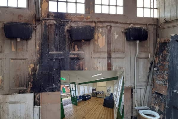 How the old, fire damaged waiting room toilets looked and now the room renovated (Inset).