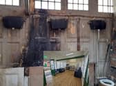 How the old, fire damaged waiting room toilets looked and now the room renovated (Inset).