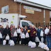 The Bread and Butter Thing (TBBT) with residents outside Old Leak Community Centre.