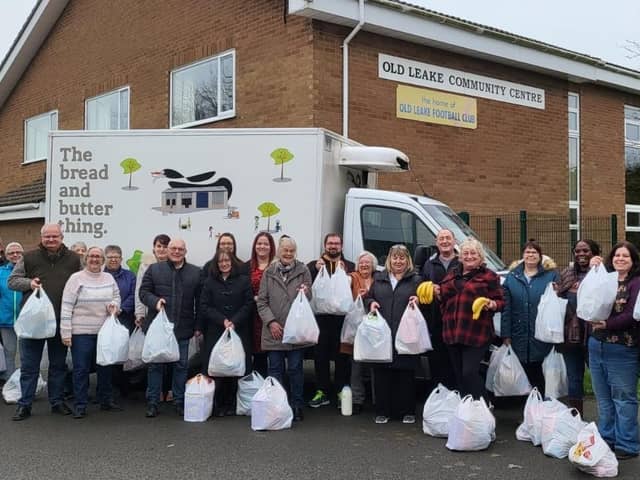The Bread and Butter Thing (TBBT) with residents outside Old Leak Community Centre.