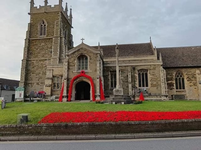 Poppy displays outside St Wilfred's Church in Alford.