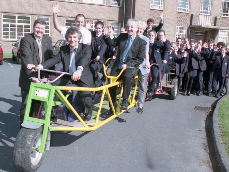 Boston High School gearing up for a sponsored bike ride from Boston to Skegness. The event was due to take place in aid of the Boston High School Association and the HESCA Scanner Appeal at Pilgrim Hospital. The nine-seater would hold pupils, parents, teachers, and HESCA project members. Headteacher Barry Searles is pictured with HESCA chairman Dr Cyril Nyman, association chairman Steve Knox and fundraisers on the bike.