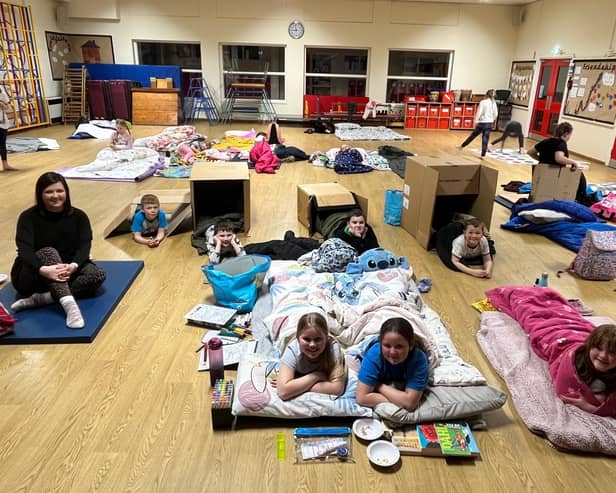 Coningsby St Michael's pupils's Big Sleepout, with teacher Ebony Parker (left).