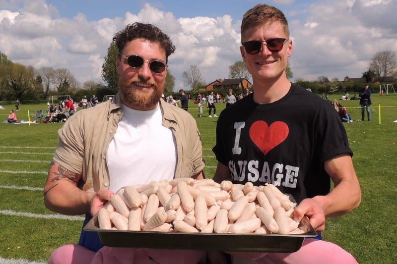 Joseph Wilson and Bradley Greenwood were in charge of the sausage slinging contest at Ruskington's coronation gala.