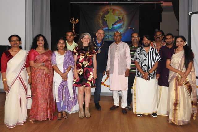 Mayor of Sleaford Coun Dave Darmon and consort with members of Sleaford Indian Cultural Association.