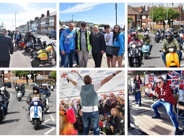 Mayor of Skegness Cou Pete Barry checks out the Skegness Scooter Rally and meets organisers. A ride in was part of the weekend, as well as live music at venues around town. Photos: Barry Robinson and the Lumley.