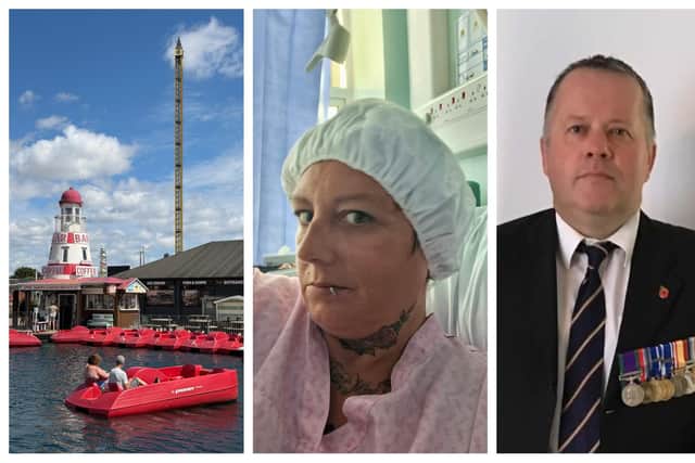 Sarah Kirkham (centre in her hospital bed), who became trapped in the water at Skegness Boating Lake, and Army veteran Ian Walker who rescued her.