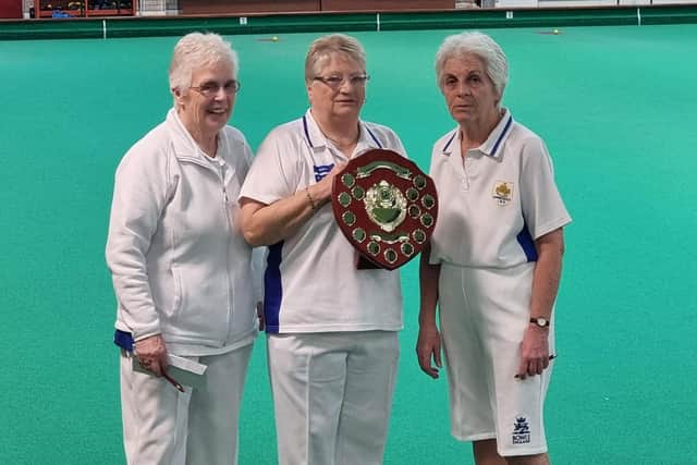 LWIBA Ladies Triples Champions Olive Wells, Judith Moody and Mary Johnson.