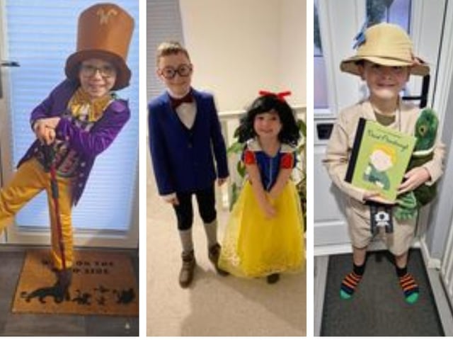 Kody Hollingsworth, from Sleaford, dressed as Willy Wonka; Dexter, 9, as Klaus Baudelaire from Lemony Snickets and Hattie, 4, as Snow White, from Sleaford.