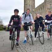 Ready to set off. Members of Lincs Young Farmers Club leaving Boston Stump. L-R Grace Chambers - Harmston YFC, Jack Cullen Heckington YFC, Abi Lee - Long Bennington YFC, Rowen Ley - Wrangle YFC, and Chris Bettinson - Spalding YFC. Photo: David Dawson
