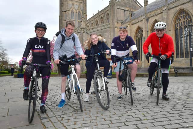 Ready to set off. Members of Lincs Young Farmers Club leaving Boston Stump. L-R Grace Chambers - Harmston YFC, Jack Cullen Heckington YFC, Abi Lee - Long Bennington YFC, Rowen Ley - Wrangle YFC, and Chris Bettinson - Spalding YFC. Photo: David Dawson