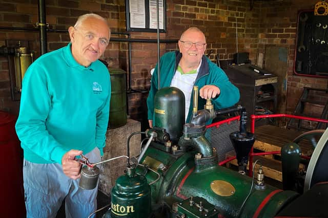 Dogdyke Pumping Station's Dave Hall and Alan Martin oiling the Ruston 7XHR Diesel Engine that superceded the steam engine. Photo: Chris Frear