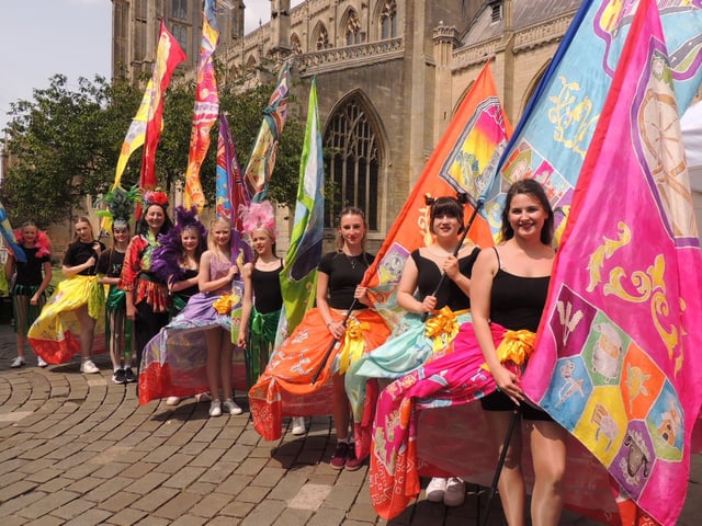 A look at the flags created for the procession and also used as part of a dance routine.