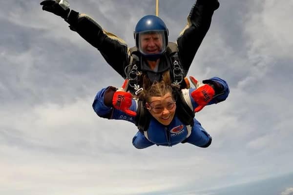 Leighann Grantham flies through the air during her skydive to raise money for the Naomi's Garden charity near Louth. (PHOTO BY: Skydive Hibaldstow)