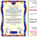 The Ukrainian certificate thanking Market Rasen Rotarians, and the poster appealing for funds towards more generators.