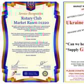 The Ukrainian certificate thanking Market Rasen Rotarians, and the poster appealing for funds towards more generators.