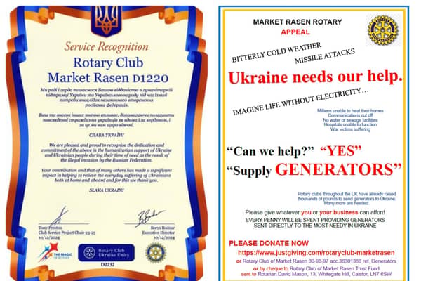The Ukrainian certificate thanking Market Rasen Rotarians, and the poster appealing for funds towards more generators.