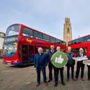 Launching the new expanded services by Brylaine buses in Boston Market Place. Pictured from left - David Walker - Brylaine operations controller, Michael Short - bus driver, Ben Spencer - bus driver, Coun Mike Brookes, Coun Paul Skinner, Coun Alison Austin, Coun Anto Dani. Photo: Phil Crow