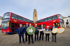 Launching the new expanded services by Brylaine buses in Boston Market Place. Pictured from left - David Walker - Brylaine operations controller, Michael Short - bus driver, Ben Spencer - bus driver, Coun Mike Brookes, Coun Paul Skinner, Coun Alison Austin, Coun Anto Dani. Photo: Phil Crow