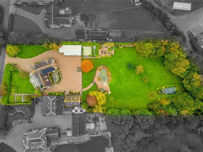 A bird's eye view of the home and its grounds.