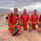 Taking a moment from the search and rescue work in the Atlas Mountains of Morocco. (L-R) Ben Clarke, Darren Burchnall, Karl Keuneke and Neil Woodmansey with Colin the rescue dog.