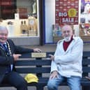 Mayor of Skegness Coun Pete Barry (left) with former councillor George Saxon, on the bench. Photo: Barry Robinson.