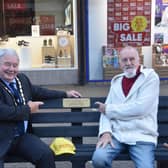 Mayor of Skegness Coun Pete Barry (left) with former councillor George Saxon, on the bench. Photo: Barry Robinson.