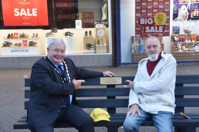 Mayor of Skegness Coun Pete Barry (left) with former councillor George Saxon, on the bench. Photo: Barry Robinson.