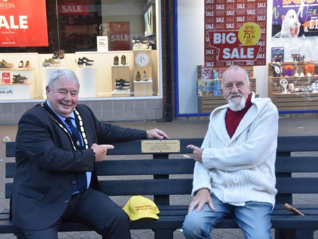 Mayor of Skegness Coun Pete Barry (left) with former councillor George Saxon, on the bench. Photo: Barry Robinson.