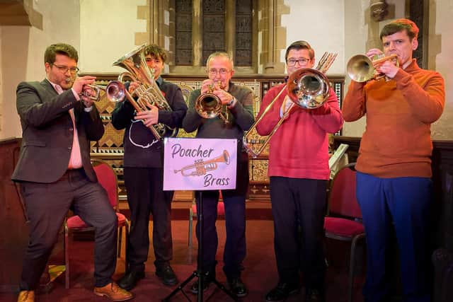"Poacher Brass" consisting of Josh Wilkinson, Edward Sellars, Charles Hunt, David Pearce and Andrew Taylor performing at St Nicholas Church, North Cotes.