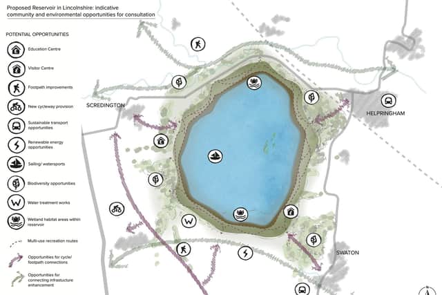 A map showing the reservoir on the landscape and how it might benefit leisure and conservation.