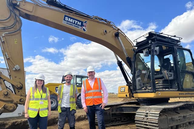 From left - North Kesteven District Council Economic Development Project Officer Laura Bath, Smith Construction Site Manager Mark Collishaw, and North Kesteven District Council Leader Councillor Richard Wright on site at the Sleaford Moor Enterprise Park.