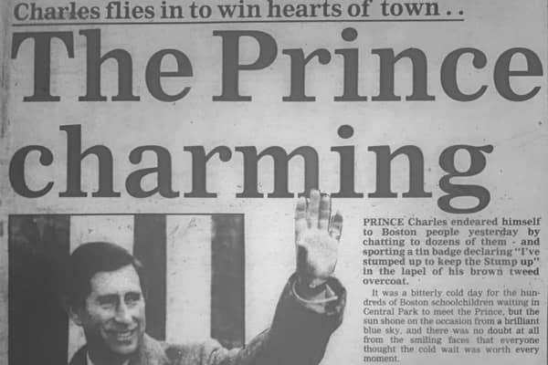 The front page of the Boston Standard when Prince Charles visited in 1988.