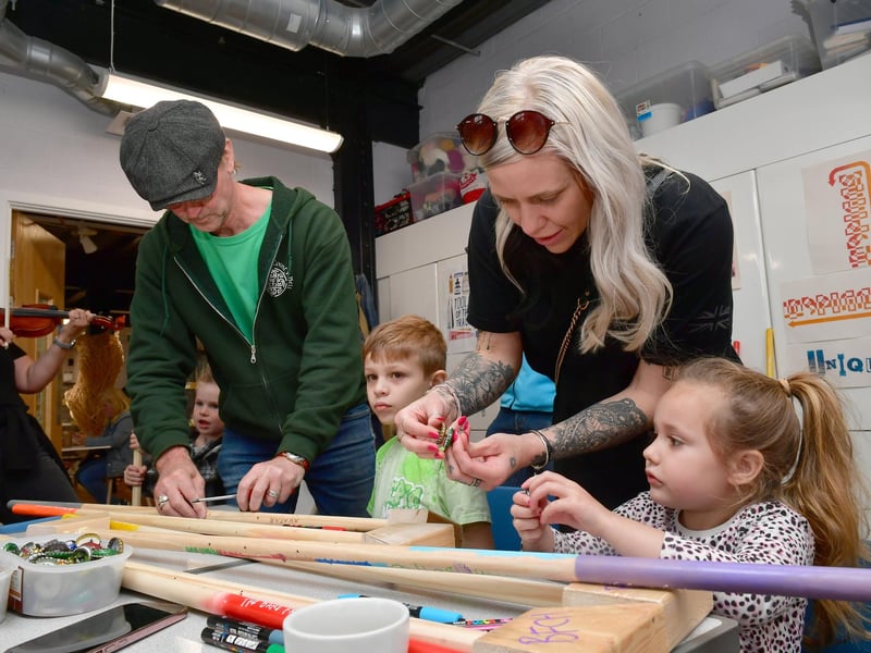 Bootstick making workshop with Band From County Hell. Steve McLelland, Theo Arumugam 7, Bella Arumugam 4 and Becky Arumugam